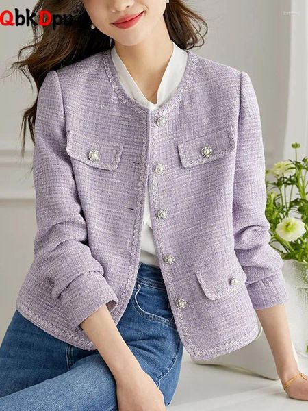 Frauenjacken koreanisches Design O-Neck Tweed Woll Frauen elegante Single Breace Woll Blend Tops Schichten Frühling Herbst Langarmabrigos