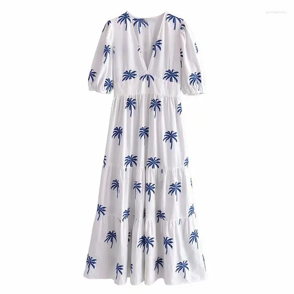 Partykleider Ayualin Puff Ärmel Deep V-Ausschnitt Frauen Vintage Baumwolle Stickerei Weißes Sommerkleid 2024 lässige Boho Long Robe Vestidos