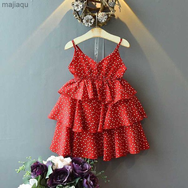 Vestidos de menina crianças meninas polka dout Little Love Suspender Dress 2024 New Summer Baby Girl Chiffon Red Cake vestidos de bolo2404