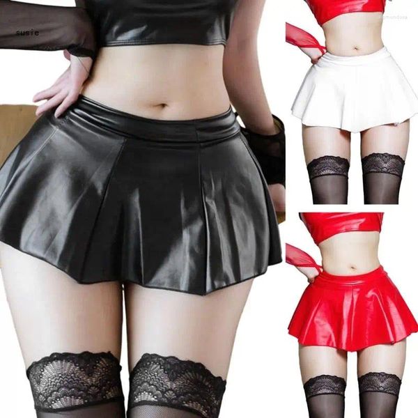 Saias x7ya feminina cor de cor sólida novidade mini-saia 20cm Pu Faux Leather A-Line Short Club Sexy Lingerie