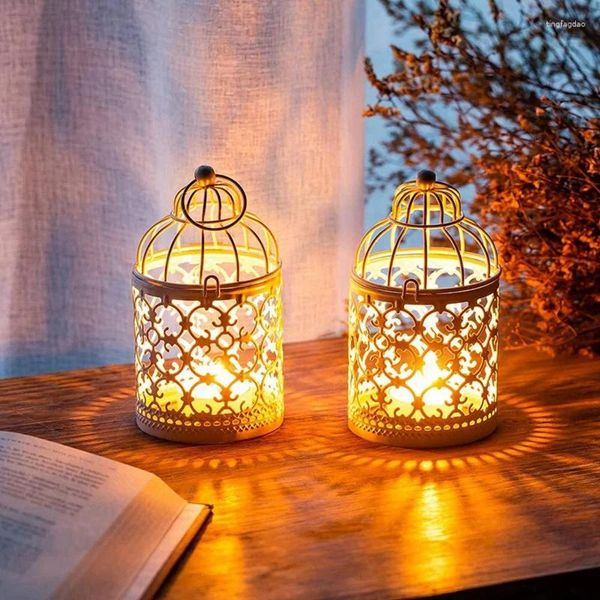 Titulares de vela 4 PCs Lanternas Bird Cage Metal Hollow Out Decorative Birdcage Iron Holder Lantern-A