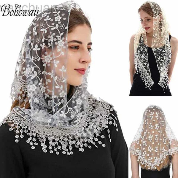 Hijabs bohowaii falard femme moda bufnda feminino hijab triângulo de renda véu de tule shawl hollow out voile femme musulman d240425
