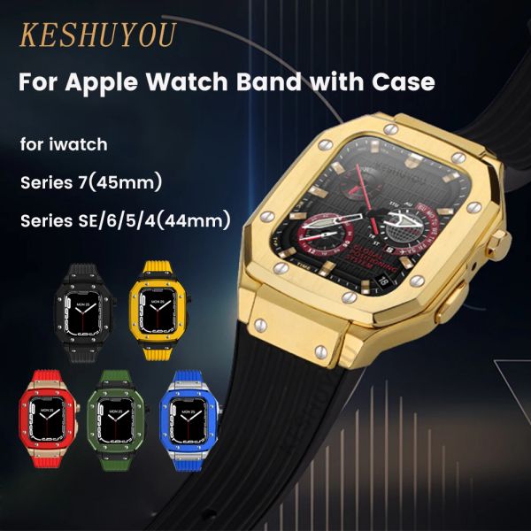 Acessórios Banda de estojo de modificação de luxo para Apple Watch Series 8 7 6 5 4 44mm 45mm homens Rugged Case Silicone Sport Band para Iwatch 6/5/4 SE