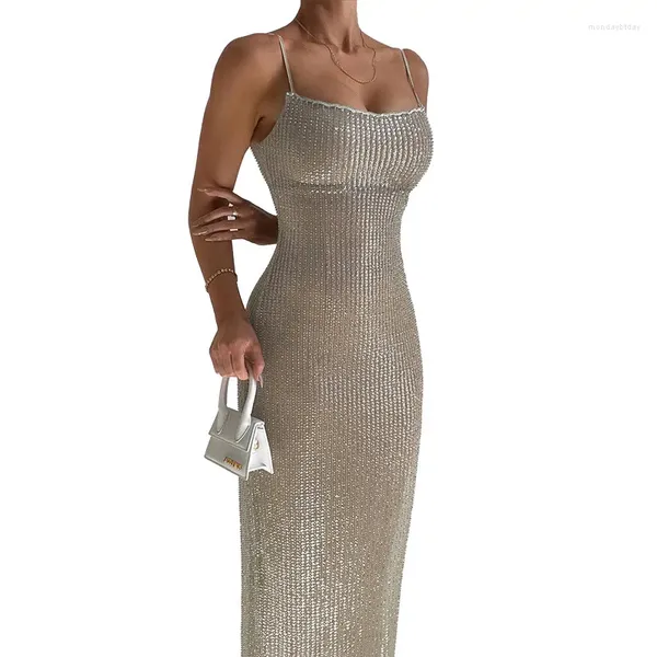 Lässige Kleider in Y2K Luxus -Pailletten Spaghetti -Gurt Slim Sommerkleid für Frauen Nachtclub Party Abschlussbodycon Long