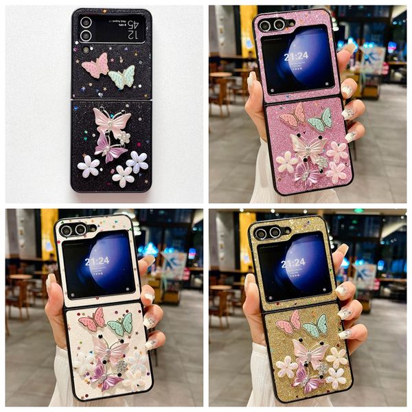 Zflip5 3D Butterfly Flower Bling Sparkle Case для Samsung Galaxy Z Flip 5 4 3 Flip5 Flip4 Star блески блестящий жесткий компьютер