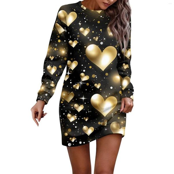 Lässige Kleider Damen runden Hals Leichtes Sweatshirt Langarm Liebe Hemden Mini Kleid Valentines Baumwoll Vestido