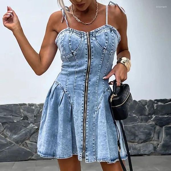 Lässige Kleider elegante V-Ausschnitt Krawatte Feste Hosenträger Kleid Frauen modische Zip Taille Jeans Party Rüschen schlanker Mini