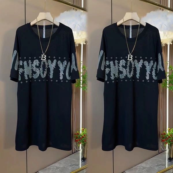 Designer Novo vestido de tamanho médio de tamanho médio Summer Fall Dress feminino solto de diamante brilhante pescoço preto