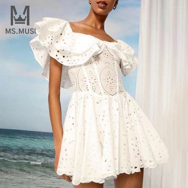 Платья для вечеринок Msmusi 2024 Fashion Women Sexy Lace Emelcodery Ruffles Драпированные с коротким рукавом Bodycon Club Mini Dress Vestidos
