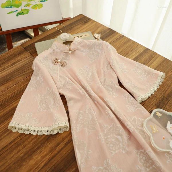 Roupas étnicas chiffon rosa cheongsam 2024 verão retro elegante estilo chinês renda qipao vestido doce