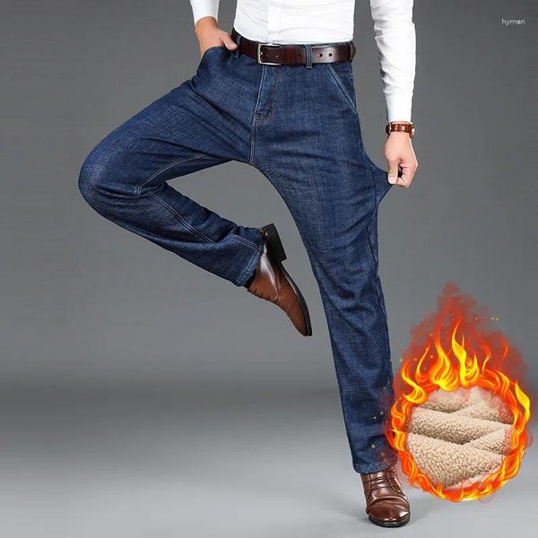 Мужские джинсы для мужчин зима теплые прямые флисовые сгущения джинсовые брюки Высококачественные повседневные брюки моды