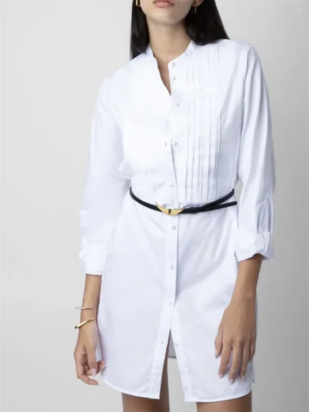 Kadın bluzları kanat nakış kadınları tek göğüslü elbise uzun kollu yarık etek zarif beyaz yaz 2024 kadın standı yakalı mini robe