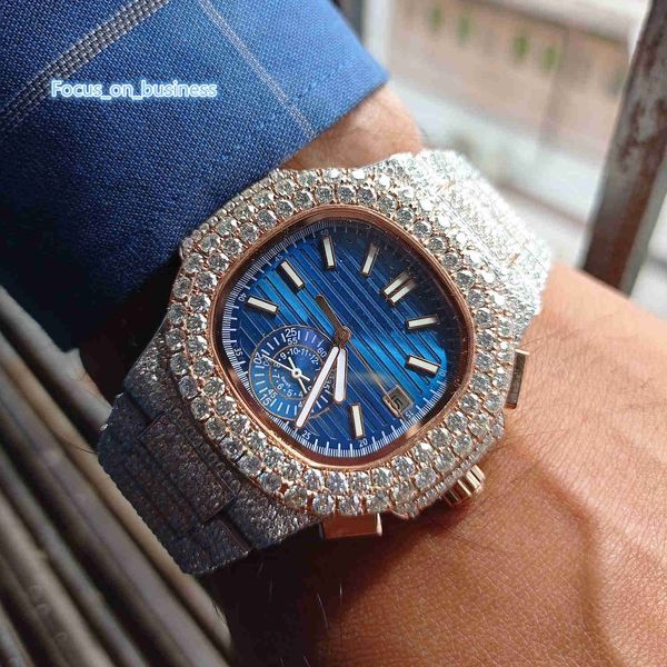 Fantastico quadrante blu ghiacciato orologio moissanite per orologio da polso diamantato da uomo in acciaio bianco inossidabile inossidabile fibbia analogica rotonda