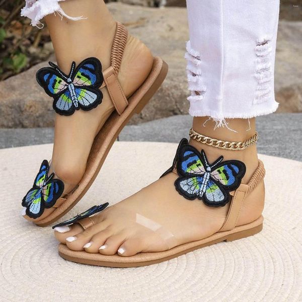 Sandalen Schuhe Frau 2024 Trend Frauen flacher Zehen Borderfly Dekorativ Elastic Band Beach für Frauen