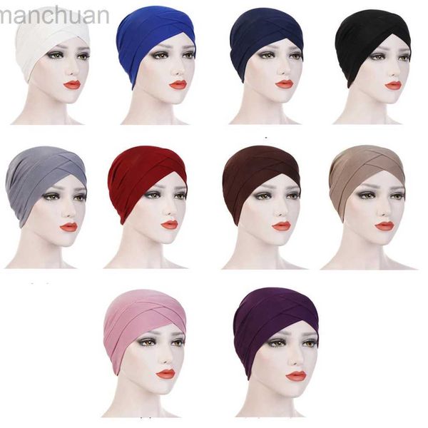 Hijabs New Women Hat Color Solid Colore Muslim Turban Cross Head Wrap Bandana Bandana Scarpa musulmana Cap cofano hijab Indias Hat Ethnic HAT ETNIC INTER DACCHI D240425