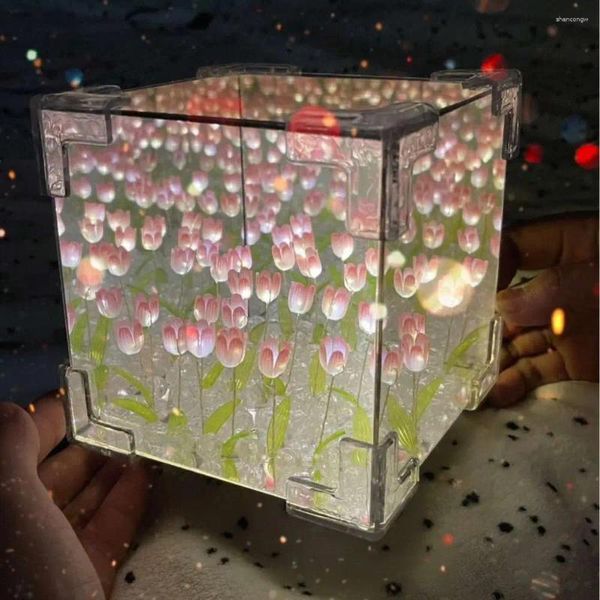 Lâmpadas de mesa Flor Flor Light Tulip Night Mirror Lamp Battery Battery Ornament Diy Desktop Decor para simples