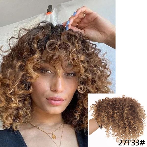 Pony Afro Kinky Curly Perücken mit Pony Synthetic Curly Blonde Head Top Ersatz Block gefälschter Verschluss abdecken weißes Haar Tophairpiece