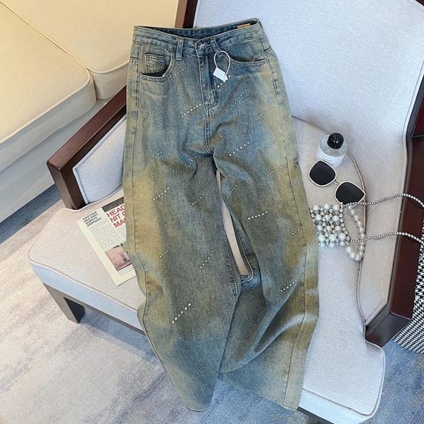 Frauen Jeans Blue Women Hohe Taille Vintage Straight Baggy Denim Pants Street American Style 90er Weitbein Nagelperlendesign Hosenhose