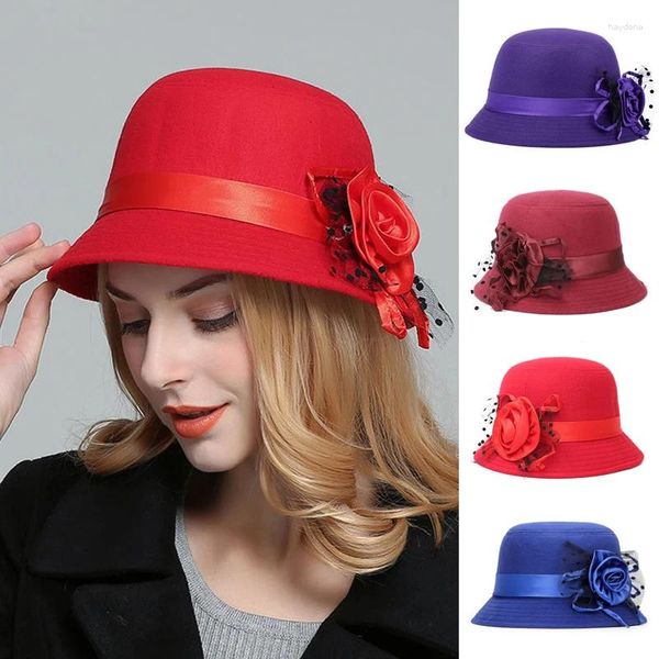 Beretti donne imitazione in lana fiore di rosa cappello da signore autunno inverno cloche berretto floreale berretto elegante cupola calda bowler calda