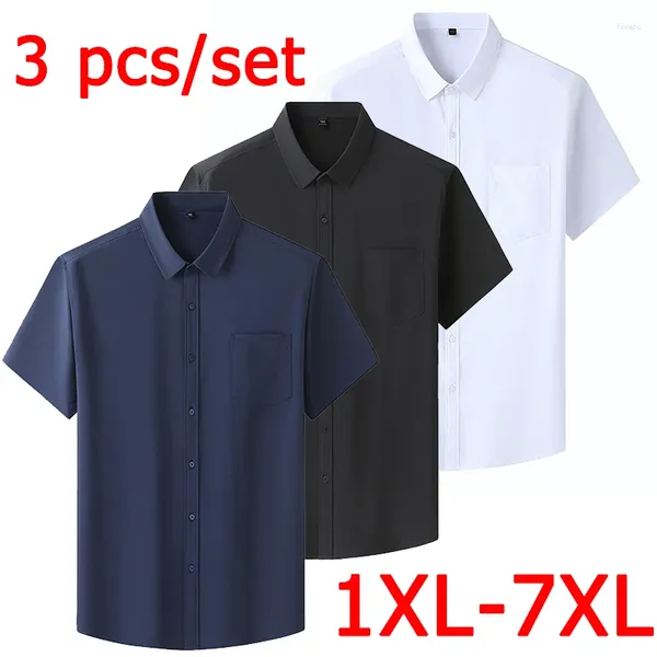 Camisas casuais masculinas 3 PCs/Set Summer Summer Shorve Shirt Men Plus Size Solid Color Business White formal 1xl-7xl 115-195kg