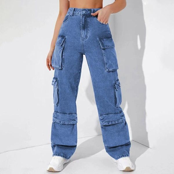 Frauen Jeans Langer Jeans für Frauen Hosen hohe Taille -Gerade Overalls Pant 2024 Reißverschluss Multi -Bag -Stil