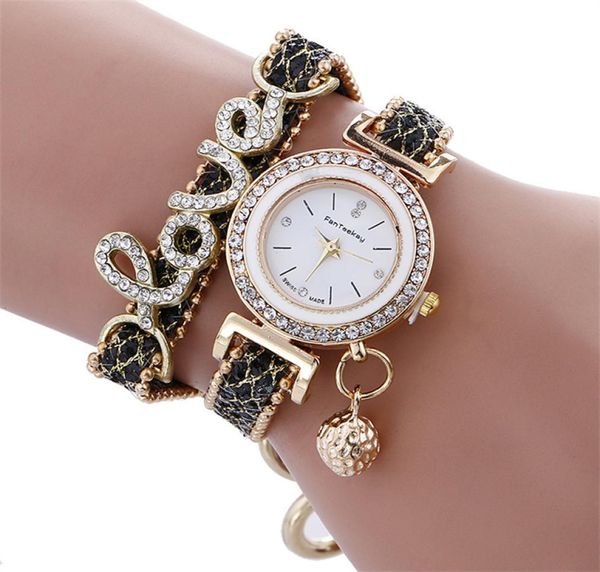 Novo presente de quartzo relógio em torno da pulseira relógios Corrente Cristal Leation Love Bracelet Women039s Wristwatch8828429
