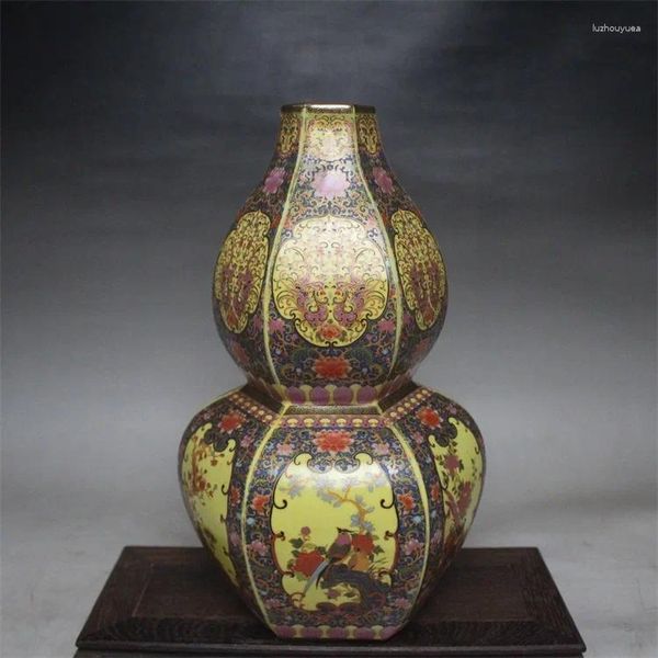 Vasen Qing Yongzheng Emaille Farbblumen und Vögel hexagonale doppelte Vase antike Retro-Dekorieren Ornamente