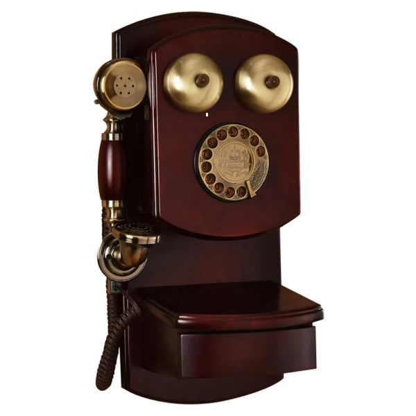 Aksesuarlar Retro Revolve Siyasalı Ahşap Vintage Sabit Telefon Duvarı Montajlı Eve Eski Mekanik Çan Rotary Dial Antik Telefon Dekorasyonu
