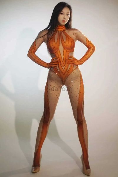 Stage Wear Women Pole Dance Nightclub Stage Wear Performance RAVE Festival Drag Drag Drag Frenning Silver Orange Rhinestone Suitsuits D240425