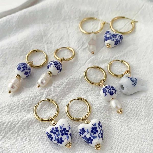 Ohrringe modische Vintage Geometrische chinesische Stile Vintage Ceramic Dangle Ohrringe mit blauen Blumenperlen und Nachahmungsperle für Frauen 230831