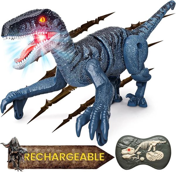 Динозавр динозавров с динозавром для мальчиков Электронный RC Robot Roptor Toy Led Light Walking Roaring Birthday Gift 240417
