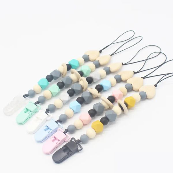 Silicone e miçangas de madeira Dummy Clip Holder Clea Clebs Clipes Soother Chains Baby Denting Toy para bebê Chew ZZ