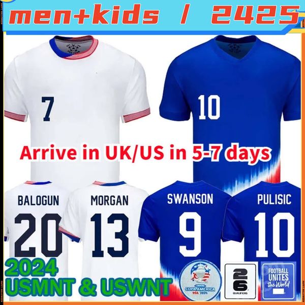 Frete grátis Jerseys de futebol USAS 2024 2025 Copa América Kits de crianças USWNT Usmnt 24 25 Home Away Football Camisetas Menadoras jogadores de fãs de fãs versão 2024 Pulisic Smith