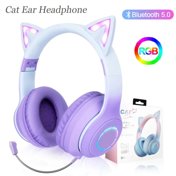 Ketten rosa drahtlose Kopfhörer Katzenohr mit Mikrofon Gamer Girl Kinder Steuerung RGB Light Casco Bluetooth Headset für Telefoncomputerspiele