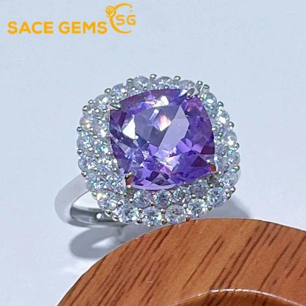 Clusterringe Sace Gems Luxus 925 Sterling Silber 10mm Natual Amethyst Edelstein für Frauen Engagement Cocktail Party Fein Schmuck