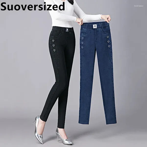 Женские джинсы винтажные любовные вышивающие карандаш длиной для женщин Тонкие брюки для женских растяжений корейские ковбойские брюки с высокой талией.