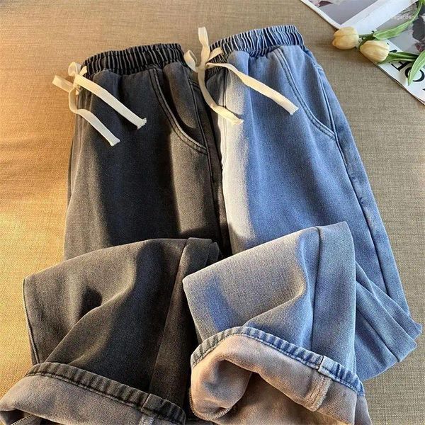 Jeans femminile uomini e donne retrò maschi invernali invernali imbottiti pantaloni casual a gamba larga dritta sciolti