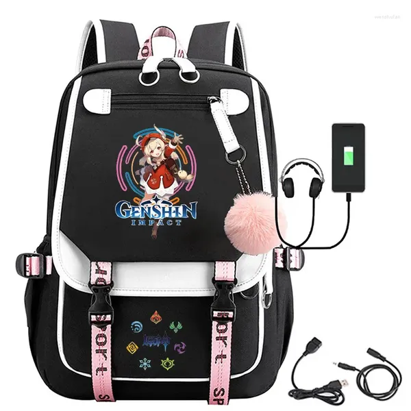 Sırt çantası jenshin etkisi cosplay oxford oxford su geçirmez büyük kapasiteli siyah pembe okul çantası kızlar öğrenciler okul çantası dizüstü bilgisayar