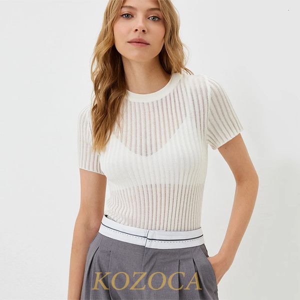 Kozoca 100% Woll Chic White Elegant Striped By Women Tops Outfits Kurzarm T -Shirts Tees Skinny Club Party Kleidung 240419