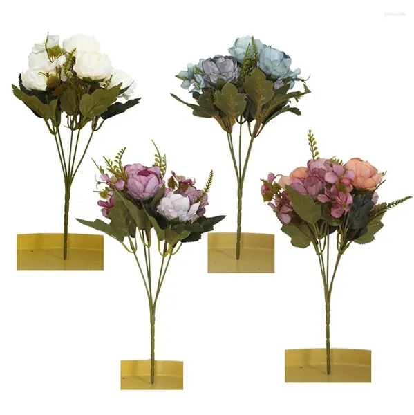 Flores decorativas 2pcs Simulação Bunco de flores Europeias Pintura a óleo de cinco cabeças PEONY Home Decoration With Desktop Fake Pot Bouquet