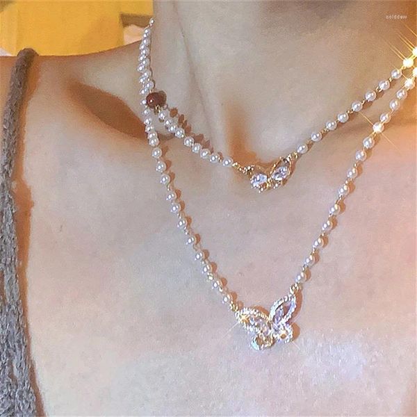 Colar de pingente de pingente de luxo pérola retrô duplo colar de corrente de clavícula para mulheres colar de jóias de gargantilha de borboleta de zircão micro-inchaço