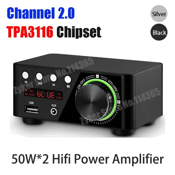 Amplificador Mini Audio HiFi Bluetooth 5.0 Classe de potência D Amplificador 2.0 canal TPA3116 AMP digital 50W*2 CARRO HOME AUDIO DE AUDIO USB/AUX In