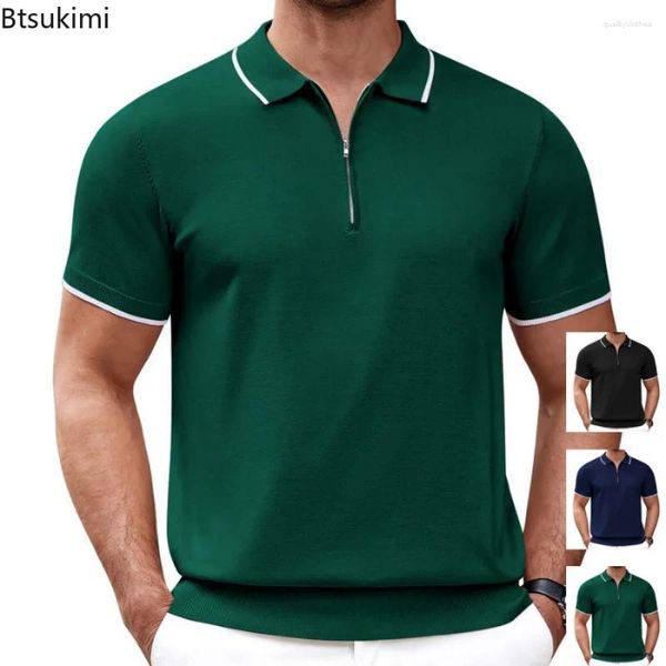 Camicie da uomo 2024Men's Summer Knitting Polo Zipper Vine a V-Neck Business Solido a maniche corta Topsinti traspirati maschi