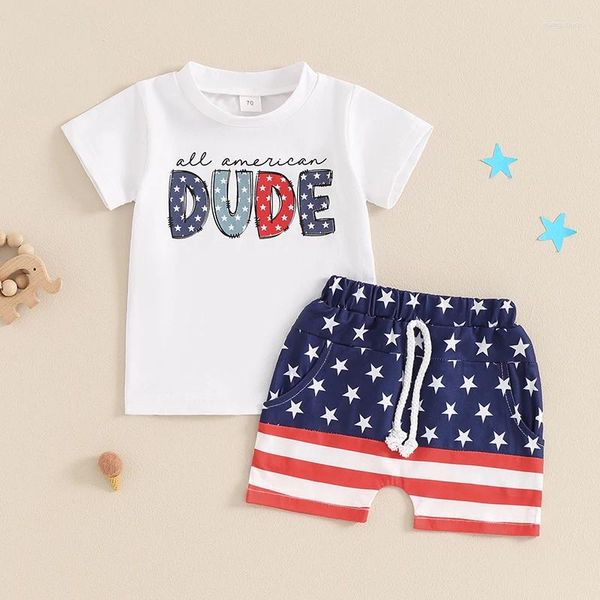 Giyim Setleri Bebek Erkekler 4 Temmuz Kıyafetleri Yaz Mektubu Kısa Kollu T-Shirt ve Elastik Yıldız Çizgi Şortu 2 Parça Kıyafet İçin Set