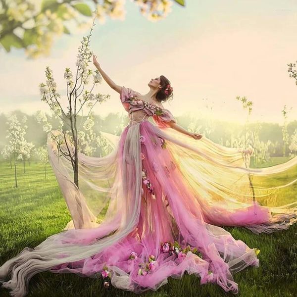 Partykleider Pink gemischt 2024 Flauschiger Tulle Fairy Brautkleid für Pograflochkleider Frauen 3d Blumenhülle