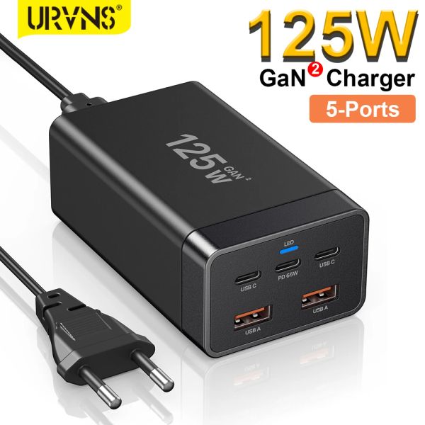 Chargers URVNS 125W GAN CARGER DE Desktop 5port Estação de carregamento USB C PD 65W Tipo C Adaptador de energia de carregamento rápido para laptops celulares