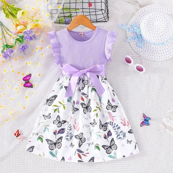 Set for Kids Girl 37 anni 37 anni Sleeve Butterfly Floral Tulle Cute Princess Formale Abiti con cintura Ootd per bambina 240423