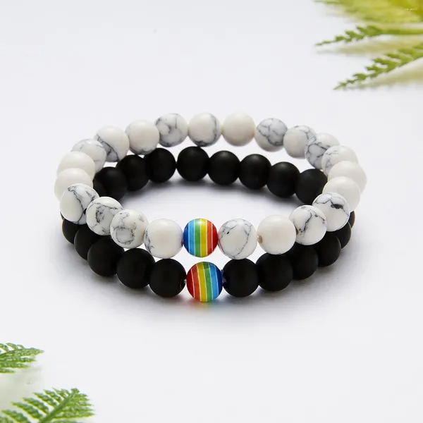 Pulseiras de link 1pc lgbt arco -íris bracelete de contas para mulheres charme pedra natural pedra preta branca casal bangle jóias acessórios presentes