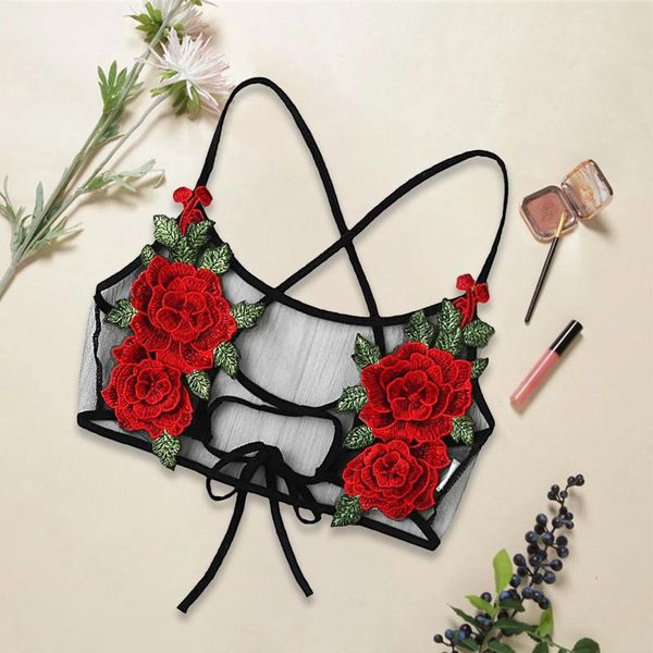 Bras Frauen sexy schwarze blicke mesh crop tops durch durch rückenfreie florale sticke t Shirt transparent Camis Bralette Bustiers