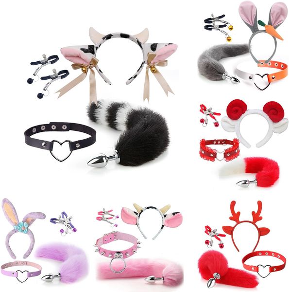 4 PCs Set Fun Cow Sheep Antilope Kaninchen sexy Maid Binde Ohrhaarnadel Sm Metal Tail Anal Stecker.Cosplay Neck Brust Bondage Accessoires Sexspielzeug für Frauen Frauen männlich Unisex